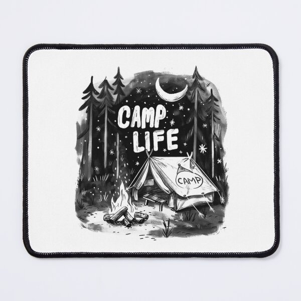 Item preview, Camp Life – Cozy Night Camping Tent & Campfire (Black & White Illustration) designed and sold by inkoutninja.