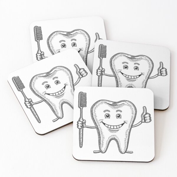 Item preview, Happy Tooth With Toothbrush – Cute Dentist Dental Hygiene Cartoon (Black & White) designed and sold by inkoutninja.