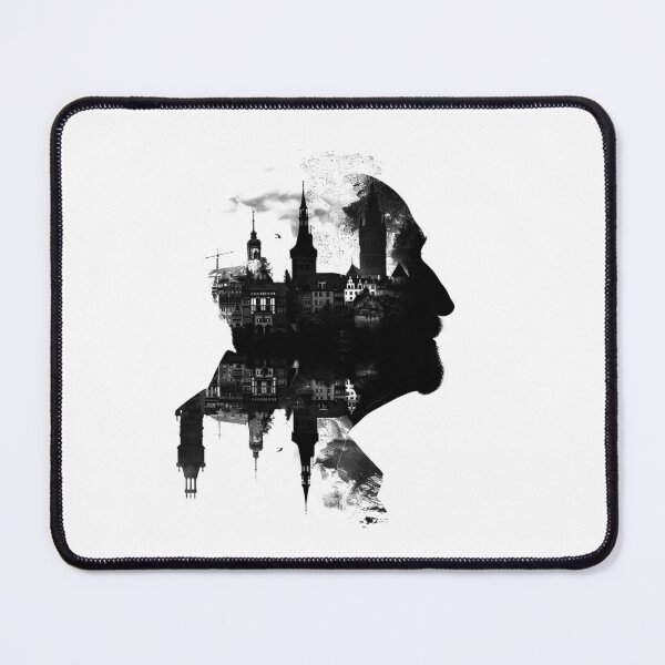 Item preview, Cityscape Silhouette Portrait – Noir Double Exposure Man (Black & White) designed and sold by inkoutninja.