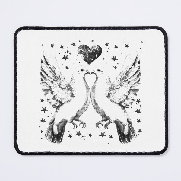 Item preview, Love Doves with Angel Wings – Heart & Stars (Black & White Illustration) designed and sold by inkoutninja.