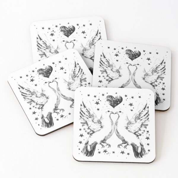 Item preview, Love Doves with Angel Wings – Heart & Stars (Black & White Illustration) designed and sold by inkoutninja.