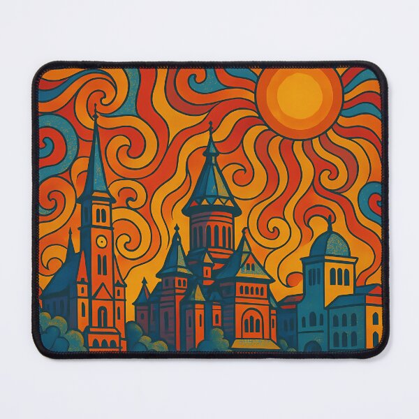 Item preview, Trippy Psychedelic Poster of Timișoara | Neon Union Square & Orthodox Cathedral Skyline | Surreal Romanian Cityscape Art designed and sold by PaintedPixels01.
