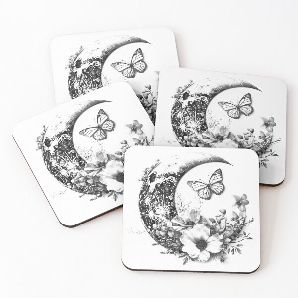 Item preview, Floral Crescent Moon with Butterfly – Celestial Botanical (Black & White) designed and sold by inkoutninja.