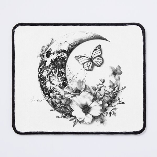 Item preview, Floral Crescent Moon with Butterfly – Celestial Botanical (Black & White) designed and sold by inkoutninja.