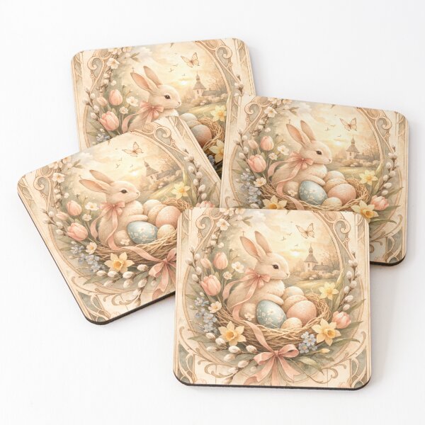 Item preview, Vintage Art Nouveau Easter Bunny with Pastel Eggs and Spring Flowers designed and sold by InNyutLab.