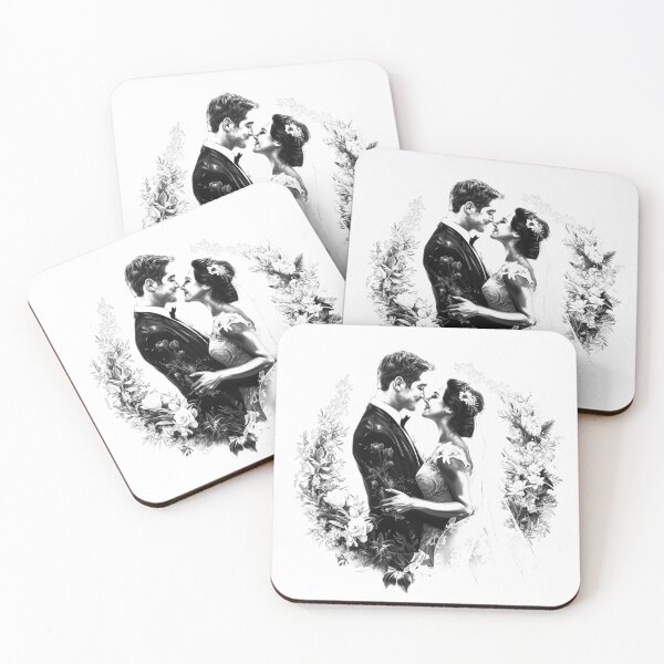Item preview, Romantic Wedding Couple Portrait – Floral Bride & Groom (Black & White) designed and sold by inkoutninja.