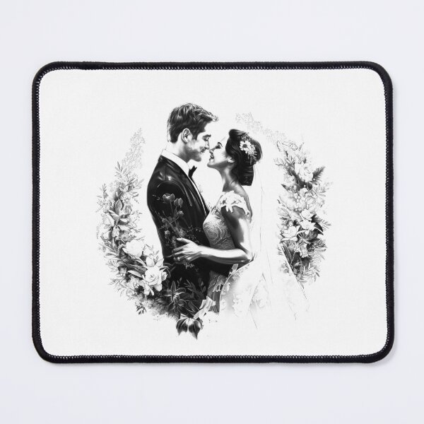Item preview, Romantic Wedding Couple Portrait – Floral Bride & Groom (Black & White) designed and sold by inkoutninja.