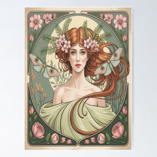 Item preview, Art Nouveau Spring Allegory Poster | Mucha Style Luna Moth Woman Wall Art designed and sold by Tamas Das.
