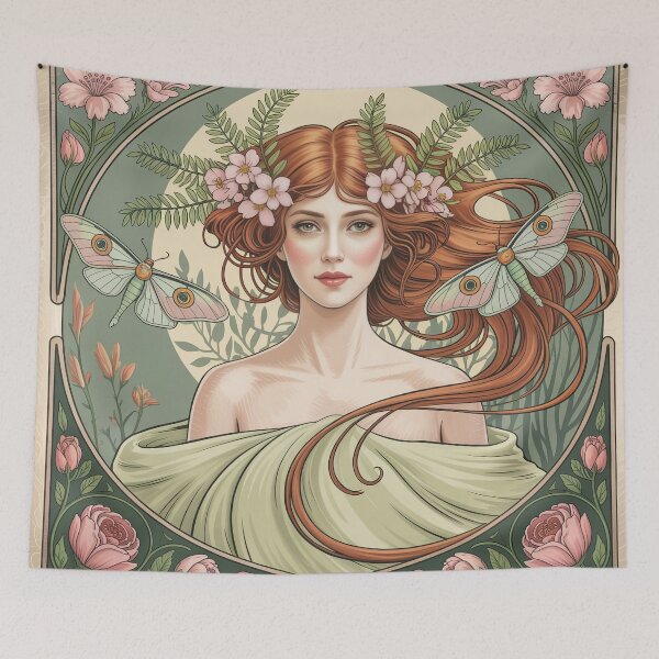 Item preview, Art Nouveau Spring Allegory Poster | Mucha Style Luna Moth Woman Wall Art designed and sold by Tamas Das.