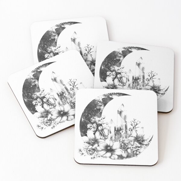 Item preview, Crystal Moon Garden – Floral Crescent Moon with Quartz (Black & White) designed and sold by inkoutninja.