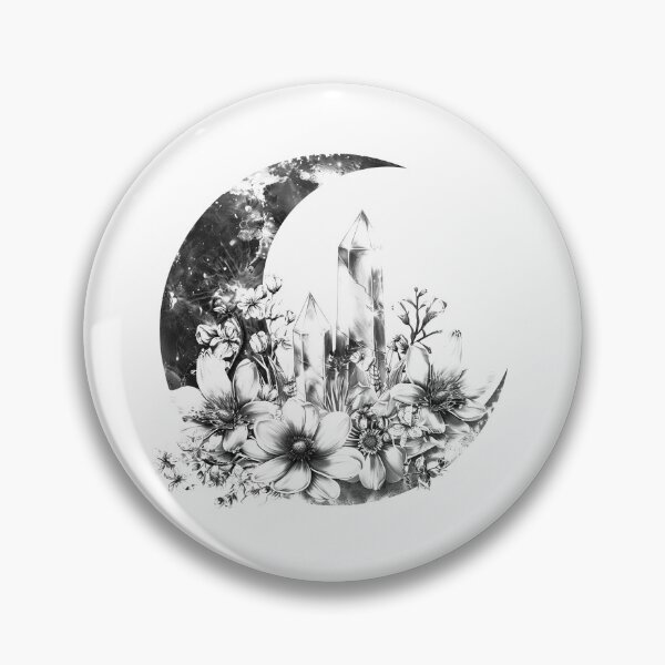 Item preview, Crystal Moon Garden – Floral Crescent Moon with Quartz (Black & White) designed and sold by inkoutninja.