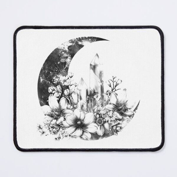 Item preview, Crystal Moon Garden – Floral Crescent Moon with Quartz (Black & White) designed and sold by inkoutninja.