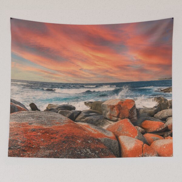 Item preview, Binalong Bay, Tasmanian coast, under a fiery evening sky designed and sold by Mauswohn.