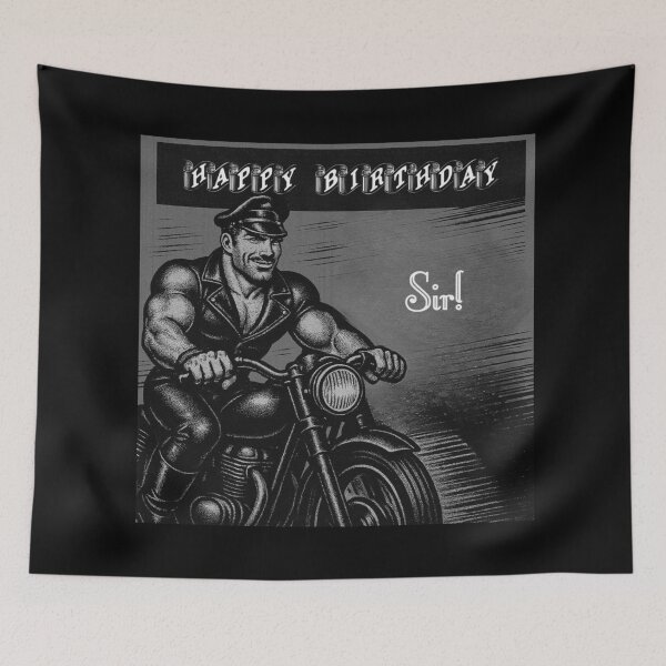 Item preview, Vintage Gay Leather Daddy Biker Happy Birthday Sir Gay Pride Graphic Design designed and sold by ItsAKinkThing.