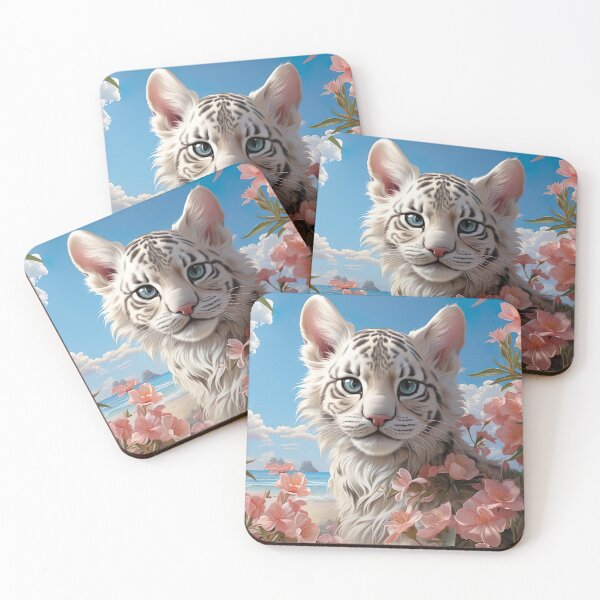 Item preview, Cute White Tiger Kitten on Beach with Flowers – Summer Cat Aesthetic designed and sold by Dominik1994.