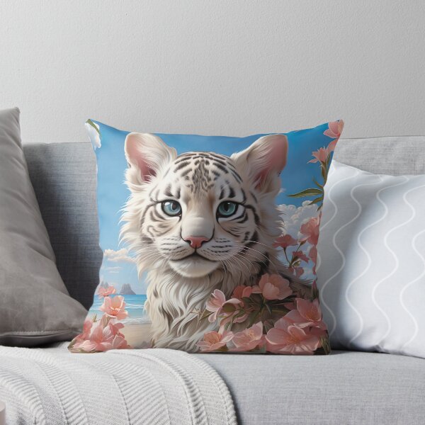 Item preview, Cute White Tiger Kitten on Beach with Flowers – Summer Cat Aesthetic designed and sold by Dominik1994.