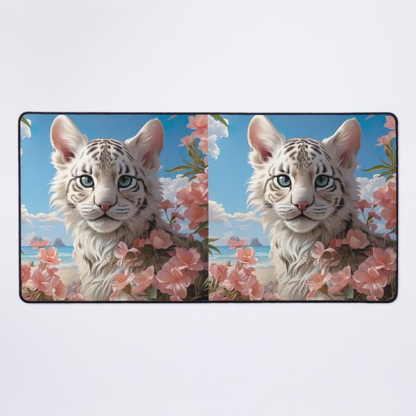 Item preview, Cute White Tiger Kitten on Beach with Flowers – Summer Cat Aesthetic designed and sold by Dominik1994.