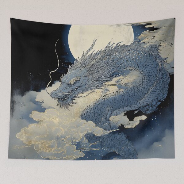Item preview, Azure Dragon Rising Under the Full Moon – Moonlit Japanese Dragon designed and sold by Wa-Sa-bi.