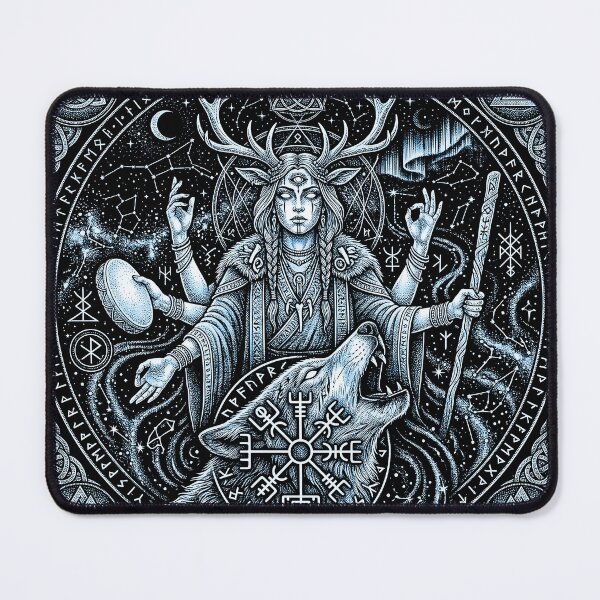 Item preview, Nordic Shaman Goddess with Wolf and Antlers Mythical Norse designed and sold by graphixpolash.