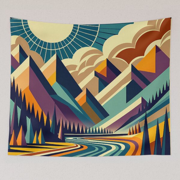 Item preview, Geometric Mountain Valley with Sunburst Sky designed and sold by InkSmithery.