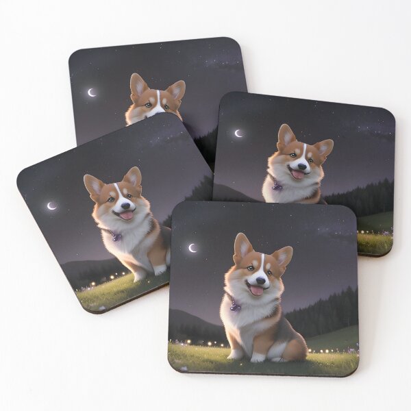 Artikelvorschau, Corgi unter der Milchstraße, Sichelmond mit Glühwürmchen, Nachthügel entworfen und verkauft von CanineCourier.