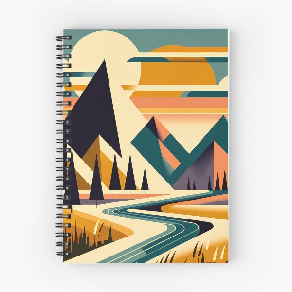 Aperçu de l'œuvre Paysage de montagne géométrique avec rivière et coucher de soleil créée et vendue par InkSmithery.