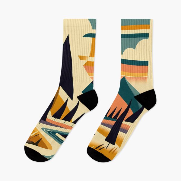 Item preview, Geometric Mountain Landscape with River and Sunset designed and sold by InkSmithery.