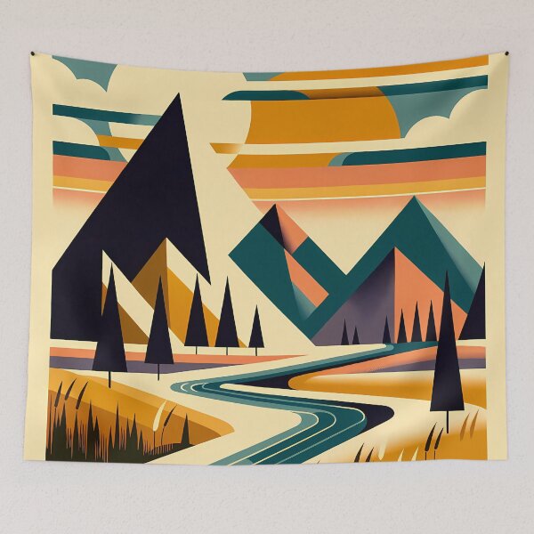 Item preview, Geometric Mountain Landscape with River and Sunset designed and sold by InkSmithery.