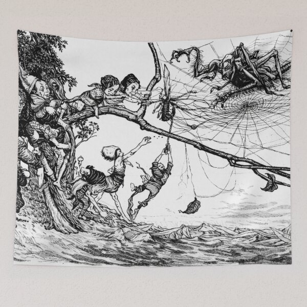 Item preview, Fairy Tale Vintage Illustration Elves Battling Giant Spider Scene for Fantasy Art Lovers designed and sold by RickE.