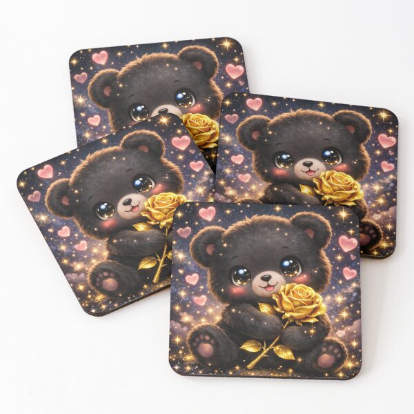 Item preview, Cute Black Bear Cub holding a Glittering Golden Rose under Starry Sky designed and sold by Dreamy Armine Art.