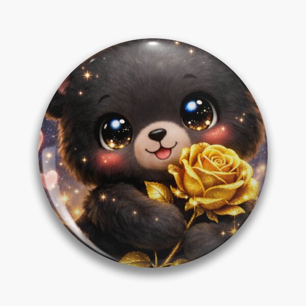Item preview, Cute Black Bear Cub holding a Glittering Golden Rose under Starry Sky designed and sold by Dreamy Armine Art.