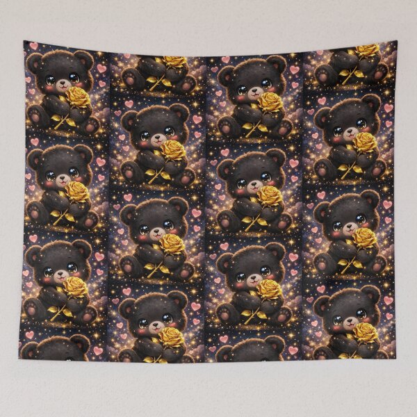 Item preview, Cute Black Bear Cub holding a Glittering Golden Rose under Starry Sky designed and sold by Dreamy Armine Art.