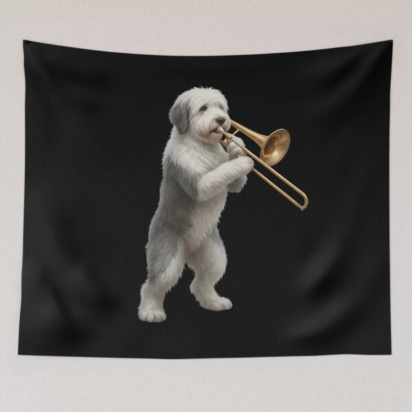 Item preview, Old English Sheepdog Playing Trombone Player Trombonist Dog Lover designed and sold by DoodleTortle.