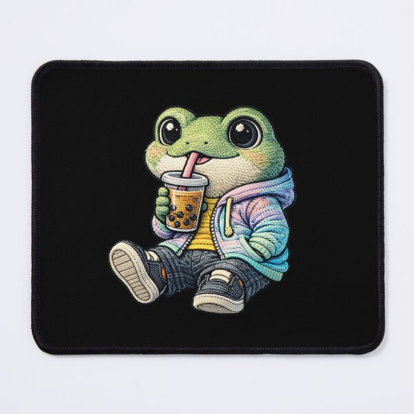 Item preview, Cute Chill Frog With Bubble Tea – Kawaii Frog Boba Tea Streetwear Embroidered Patch Style designed and sold by ColorSplash123.