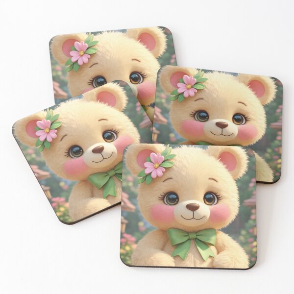 Item preview, Sweet Teddy Bear Cub with Green Bow and Pink Flower designed and sold by Dreamy Armine Art.