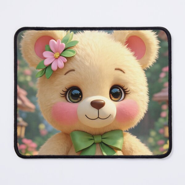 Item preview, Sweet Teddy Bear Cub with Green Bow and Pink Flower designed and sold by Dreamy Armine Art.