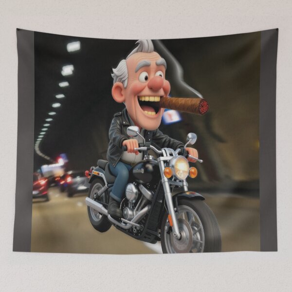 Item preview, A caricature of an elderly motorcyclist riding fast against traffic with a cigar in his mouth! designed and sold by Alan-David.