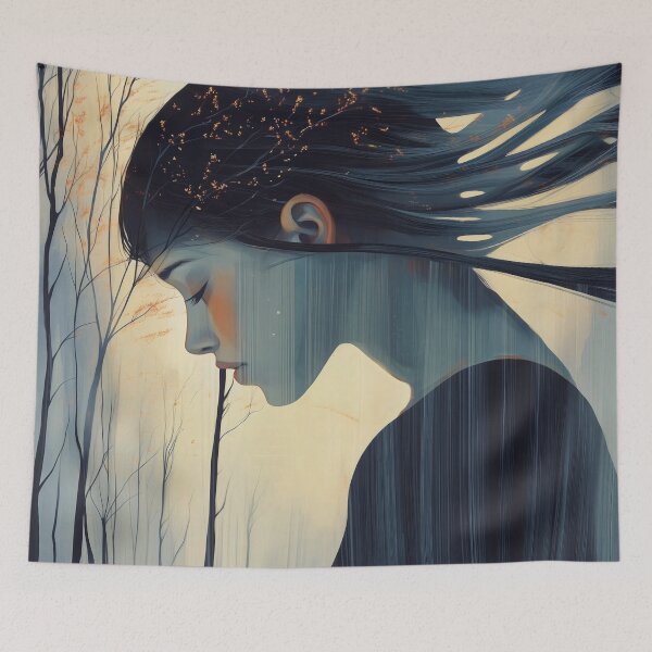 Item preview, Dreamlike Woman Portrait with Flowing Hair Forest Background designed and sold by Shoot-The-Moon.