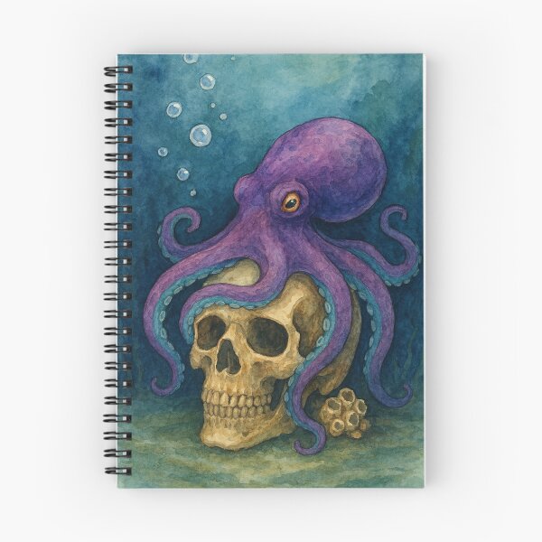 Item preview, Pulpo morado sobre calavera – Ilustración náutica en acuarela designed and sold by Artondra Hall.