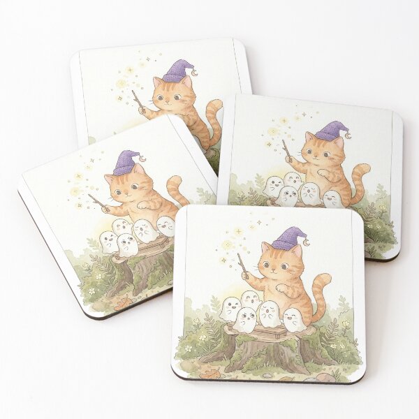 Item preview, Cute Orange Tabby Cat Witch Conducting Ghost Choir Watercolor Art designed and sold by ahabboud.
