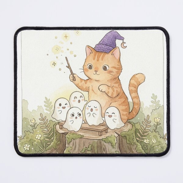 Item preview, Cute Orange Tabby Cat Witch Conducting Ghost Choir Watercolor Art designed and sold by ahabboud.