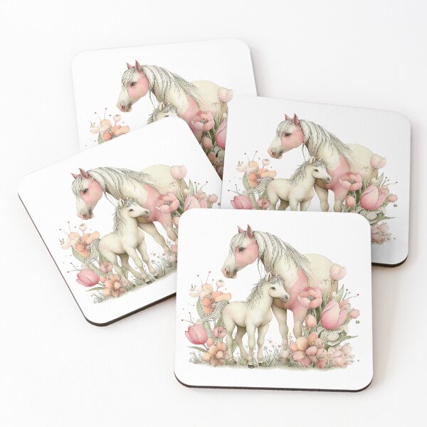 Item preview, Mare & Foal With Blooming Flowers – Whimsical Horse Illustration designed and sold by Saxon Designs.