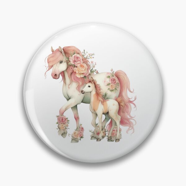 Item preview, Mare & Foal With Pink Manes & Floral Accents – Whimsical Fantasy Horse Illustration designed and sold by Saxon Designs.