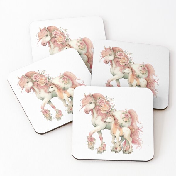 Item preview, Mare & Foal With Pink Manes & Floral Accents – Whimsical Fantasy Horse Illustration designed and sold by Saxon Designs.