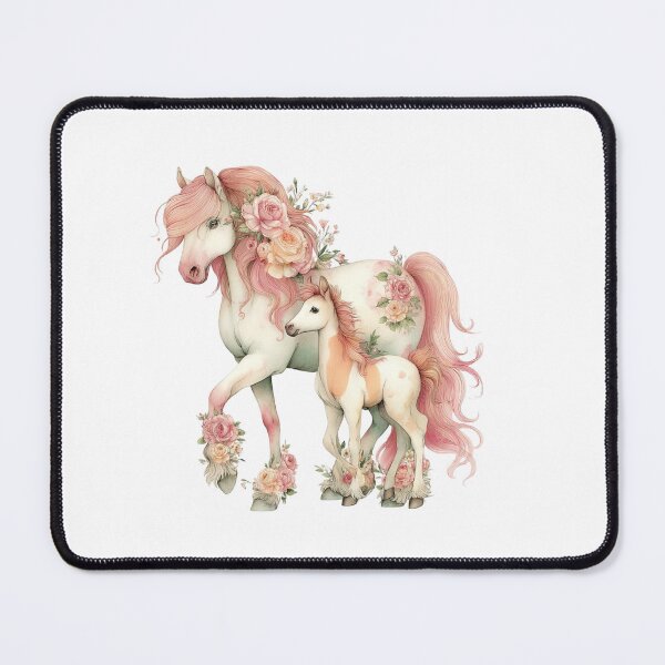 Item preview, Mare & Foal With Pink Manes & Floral Accents – Whimsical Fantasy Horse Illustration designed and sold by Saxon Designs.
