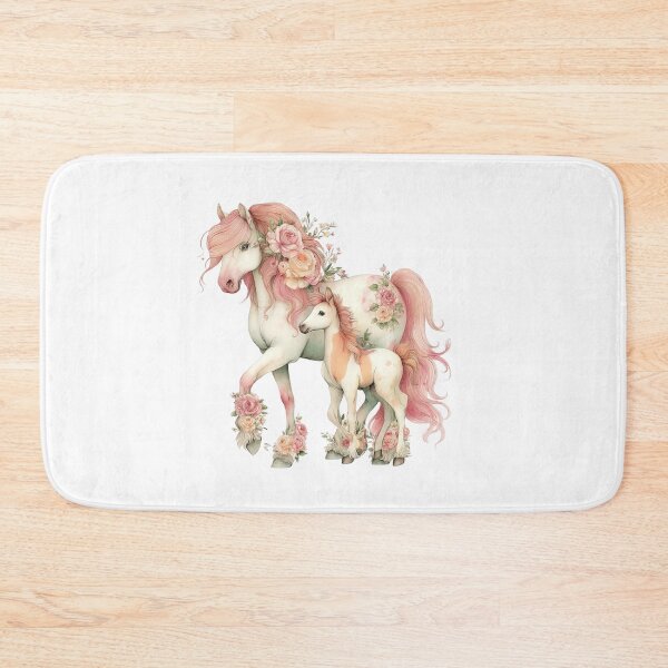 Item preview, Mare & Foal With Pink Manes & Floral Accents – Whimsical Fantasy Horse Illustration designed and sold by Saxon Designs.