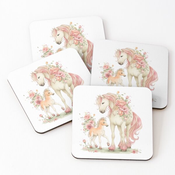 Item preview, Mare & Foal With Pink & Peach Blossoms – Whimsical Fantasy Horse Illustration designed and sold by Saxon Designs.