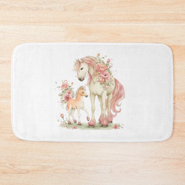 Item preview, Mare & Foal With Pink & Peach Blossoms – Whimsical Fantasy Horse Illustration designed and sold by Saxon Designs.