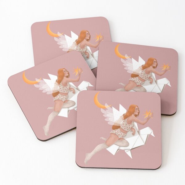 Item preview, A tender, dreamy illustration of a red-haired woman flying on an origami paper bird designed and sold by Grin Katalina Floral Patterns & Cozy Art.