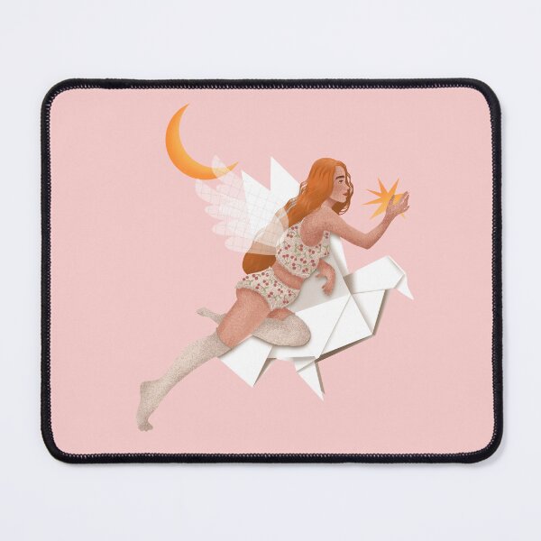 Item preview, A tender, dreamy illustration of a red-haired woman flying on an origami paper bird designed and sold by Grin Katalina Floral Patterns & Cozy Art.